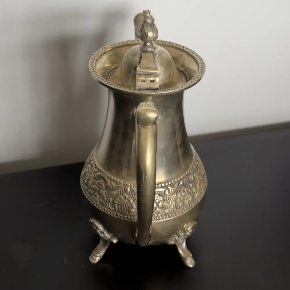 Vintage Ornate Brass Coffee Tea Pot Footed Floral Embossed Decorative Ewer